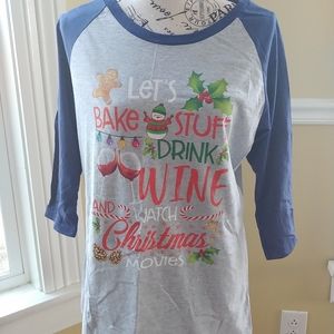 Bake, Wine, Christmas Movies T shirt sz M.